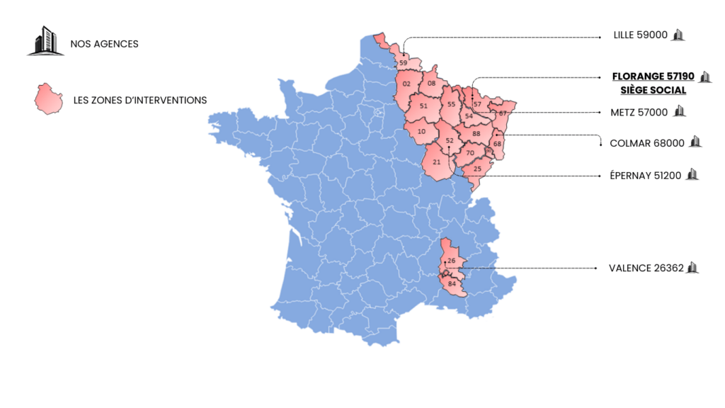 Carte de France mentionnant les zones d'interventions de l'entreprise MT-Travaux ainsi que la localisation de leurs agences.